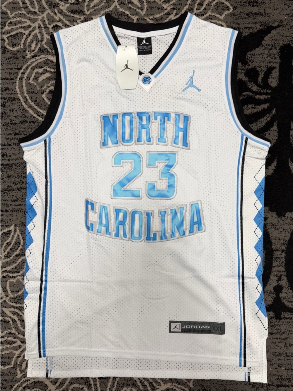 Jordan White & Carolina Blue Number 23 Basketball Jersey